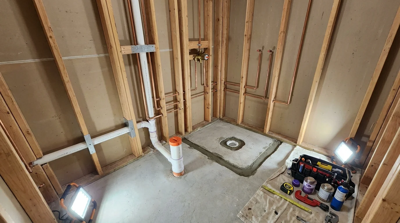 Bathroom rough-in plumbing during remodel by Johns Plumbing LLC in Shiprock