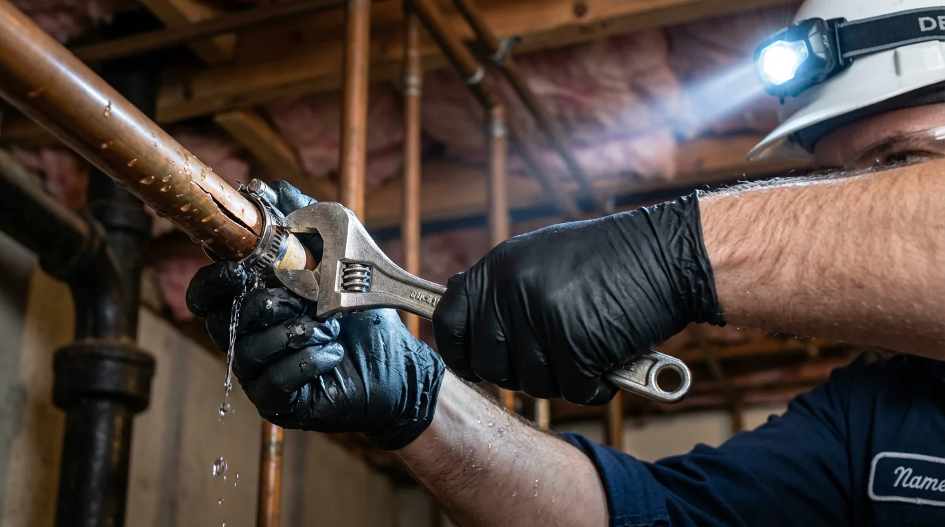 Emergency pipe clamp repair being performed by a Johns Plumbing LLC plumber in Shiprock