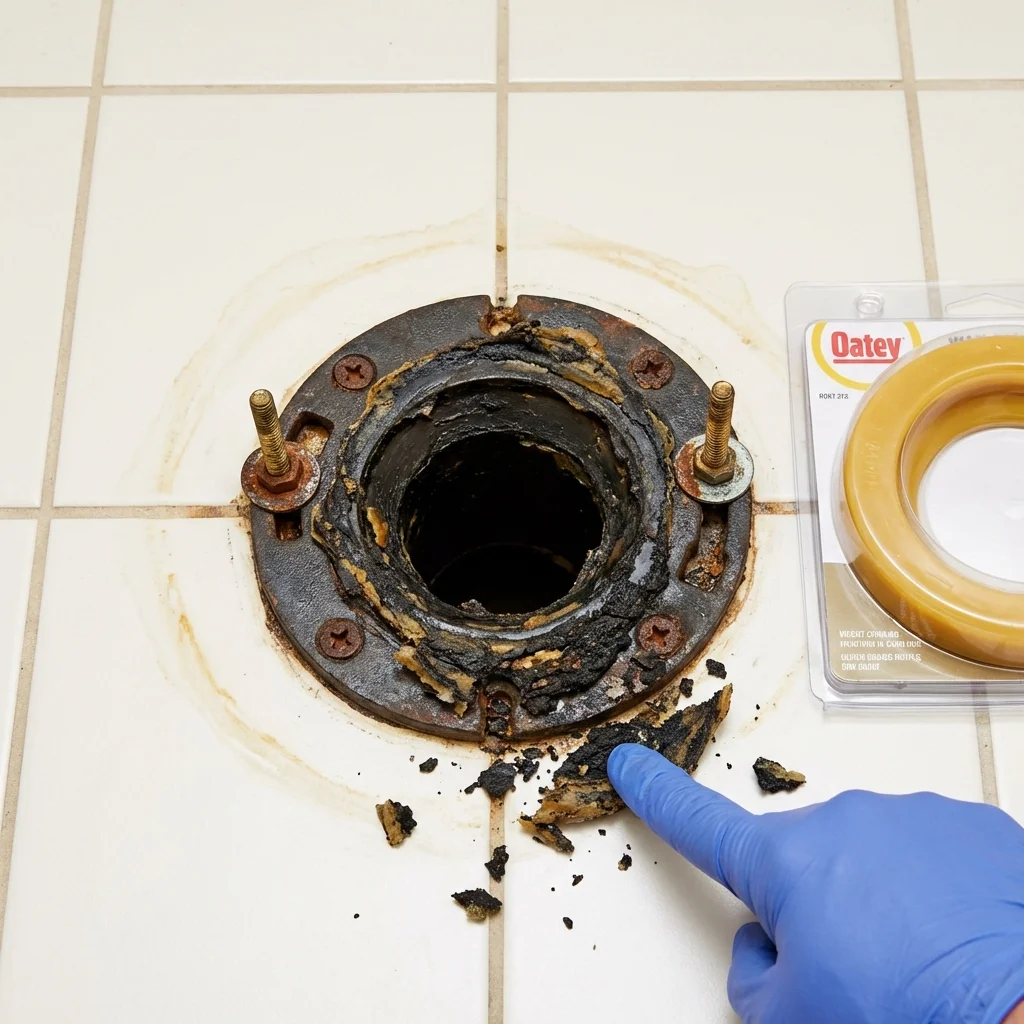 Failed wax ring showing water seepage at the base of a toilet in a Shiprock, NM home