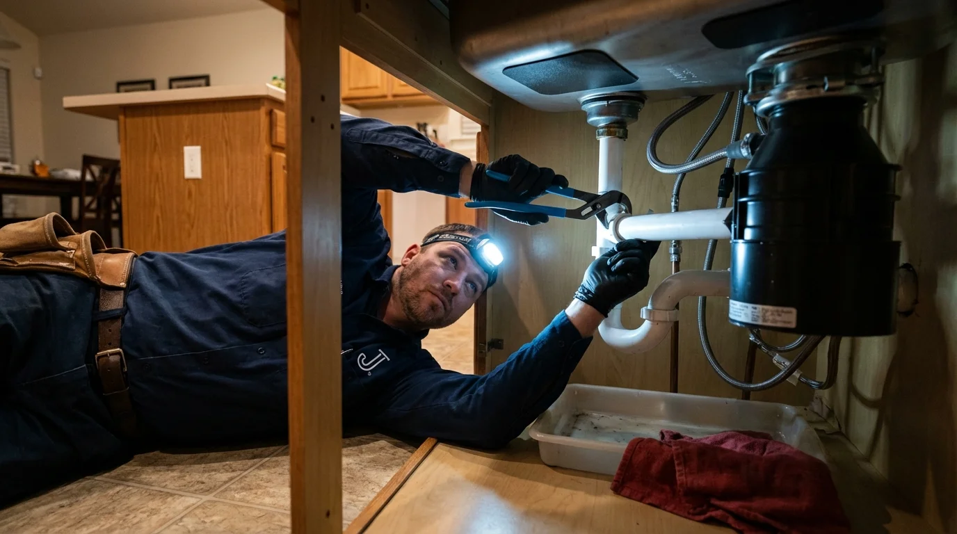 P-trap and supply line connections under a kitchen sink showing a common leak point in Shiprock, NM